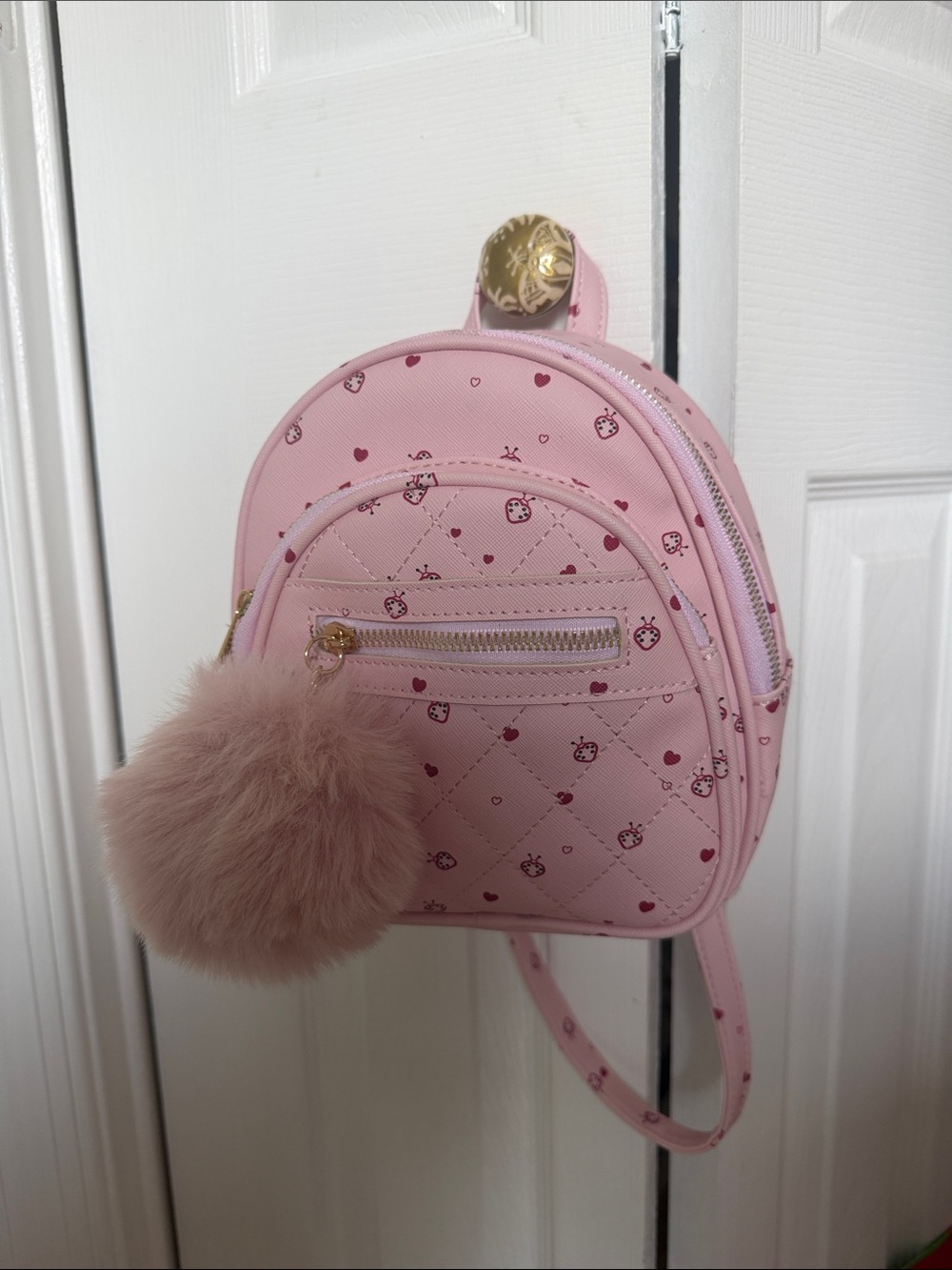 Cute Pink Mini Kids Backpack with Faux-Fur Pom